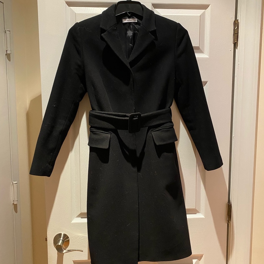 Mango belted wool coat in black in size S